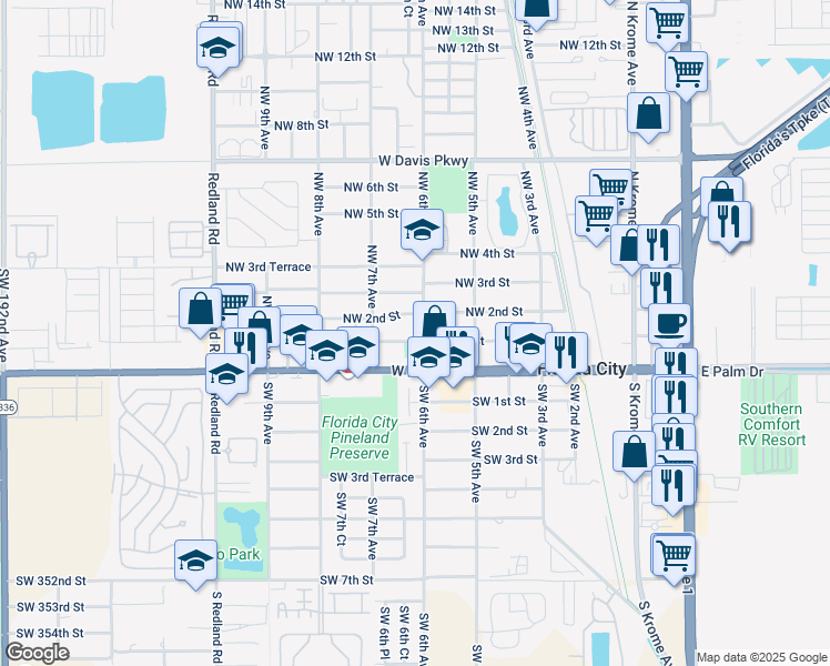 map of restaurants, bars, coffee shops, grocery stores, and more near 122 Northwest 6th Avenue in Homestead