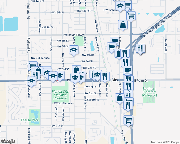 map of restaurants, bars, coffee shops, grocery stores, and more near 418 Northwest 1st Street in Homestead