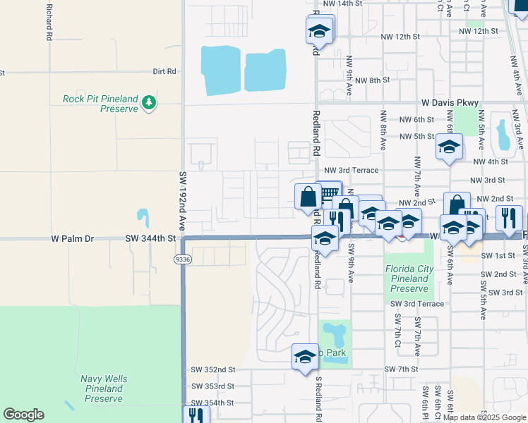 map of restaurants, bars, coffee shops, grocery stores, and more near 1156 Northwest 1st Street in Florida City