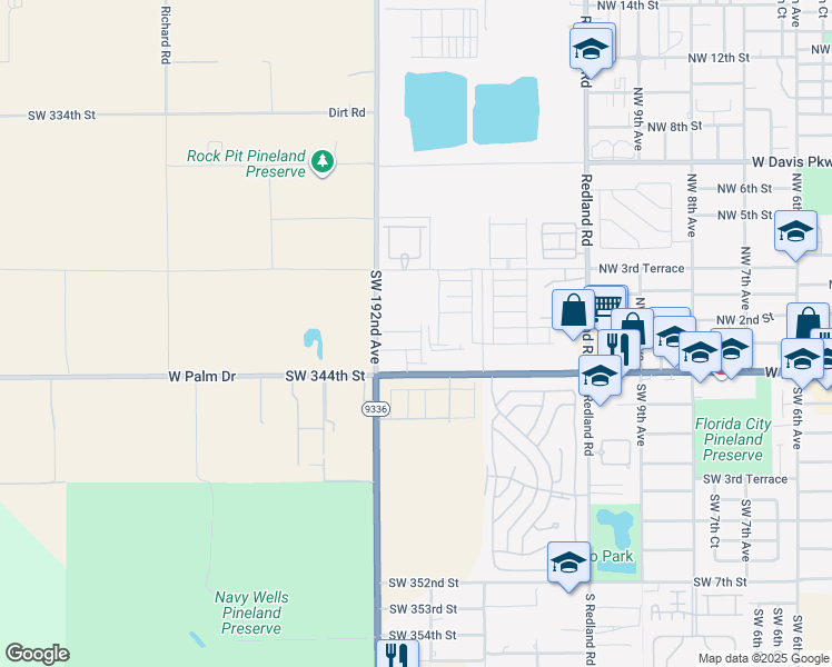 map of restaurants, bars, coffee shops, grocery stores, and more near 34270 Southwest 192nd Avenue in Florida City
