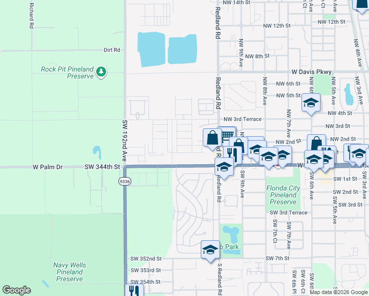 map of restaurants, bars, coffee shops, grocery stores, and more near 1156 Northwest 1st Street in Florida City