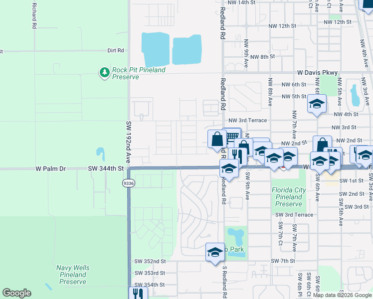 map of restaurants, bars, coffee shops, grocery stores, and more near 1156 Northwest 1st Street in Florida City