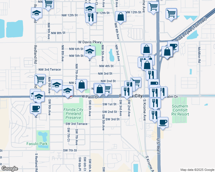 map of restaurants, bars, coffee shops, grocery stores, and more near 418 Northwest 1st Street in Homestead