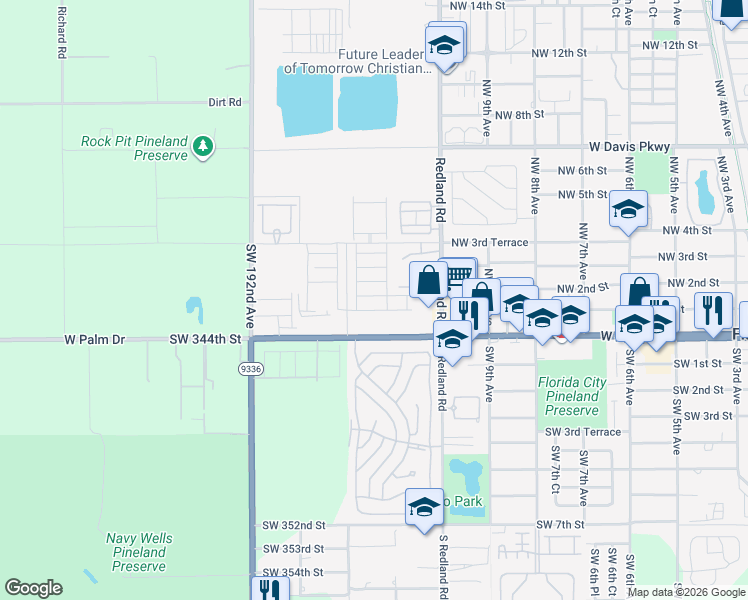 map of restaurants, bars, coffee shops, grocery stores, and more near 1156 Northwest 1st Street in Florida City