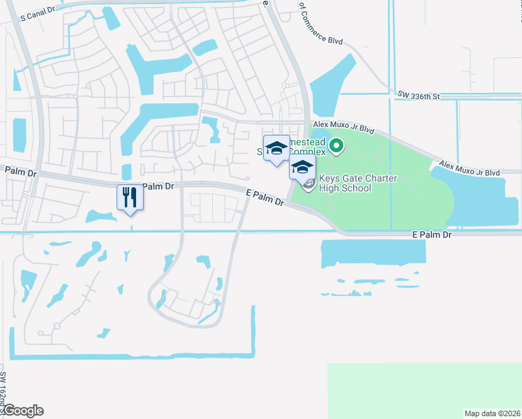 map of restaurants, bars, coffee shops, grocery stores, and more near East Palm Drive in Homestead