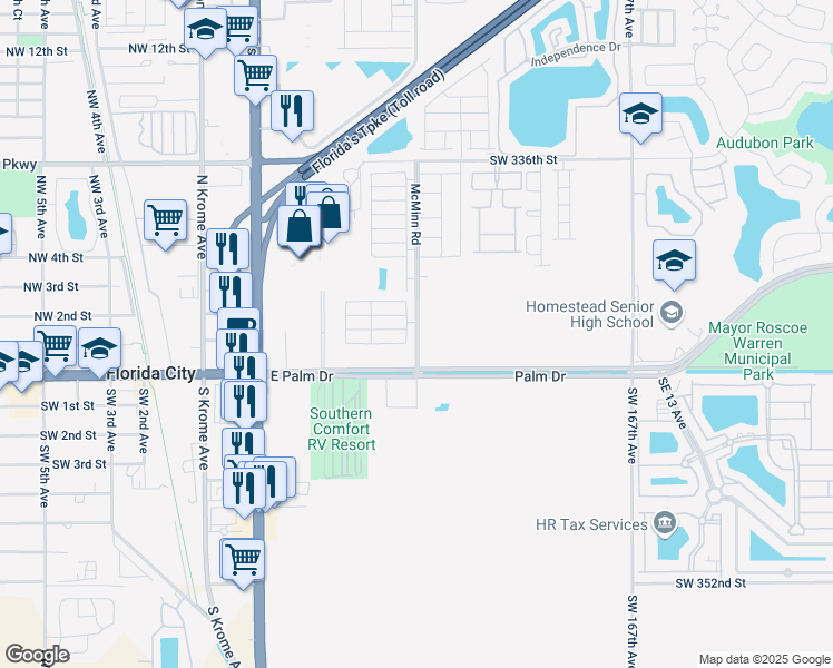 map of restaurants, bars, coffee shops, grocery stores, and more near 475 Southwest 172nd Avenue in Florida City