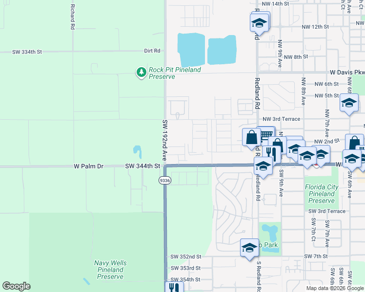 map of restaurants, bars, coffee shops, grocery stores, and more near 34270 Southwest 192nd Avenue in Florida City