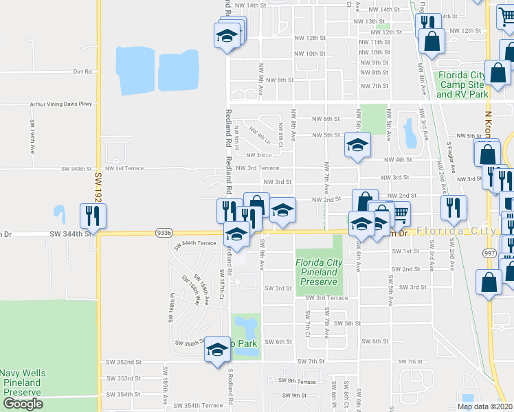 map of restaurants, bars, coffee shops, grocery stores, and more near 170 Northwest 9th Avenue in Homestead