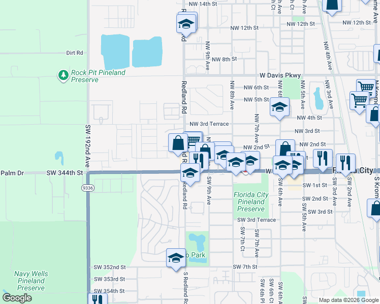 map of restaurants, bars, coffee shops, grocery stores, and more near 139 Redland Road in Homestead