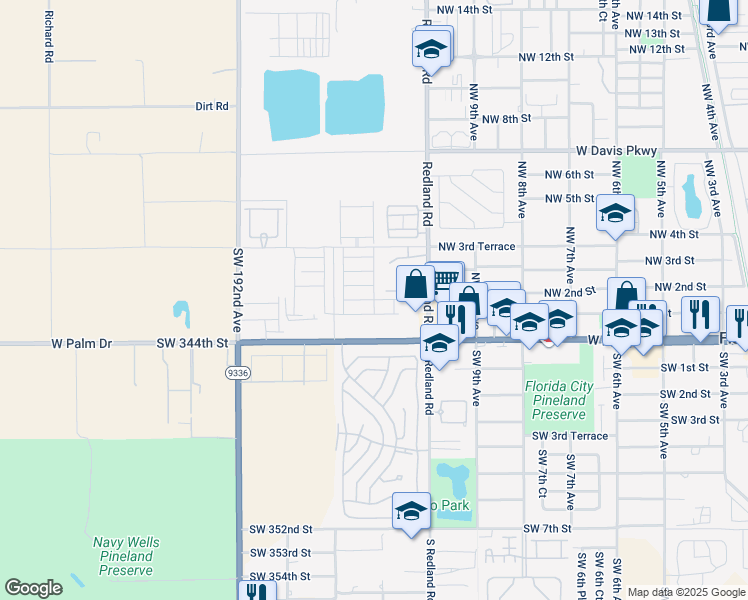 map of restaurants, bars, coffee shops, grocery stores, and more near 1100 West Palm Drive in Homestead