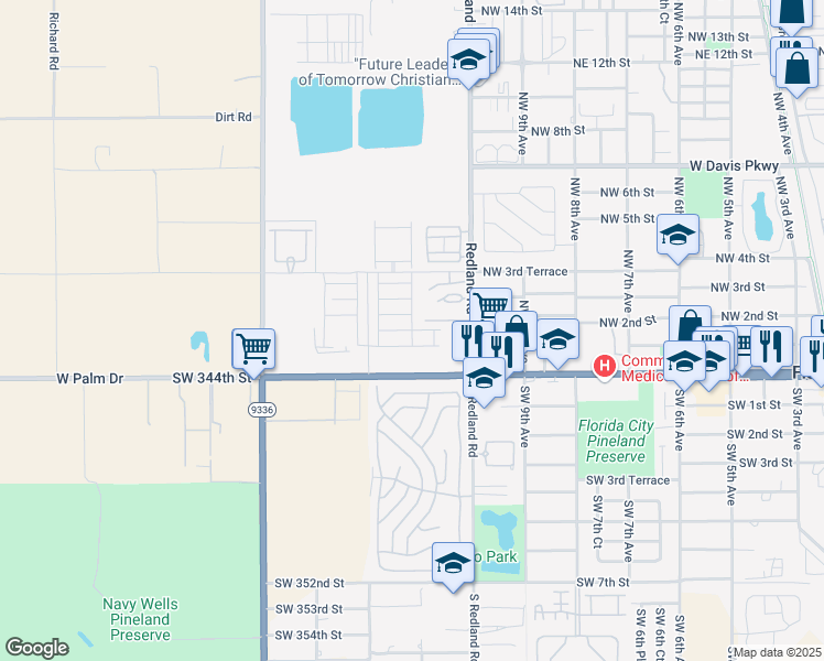 map of restaurants, bars, coffee shops, grocery stores, and more near 1100 West Palm Drive in Homestead