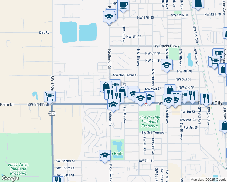 map of restaurants, bars, coffee shops, grocery stores, and more near 139 Redland Road in Homestead
