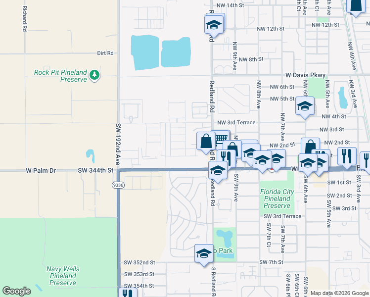 map of restaurants, bars, coffee shops, grocery stores, and more near 1100 West Palm Drive in Homestead