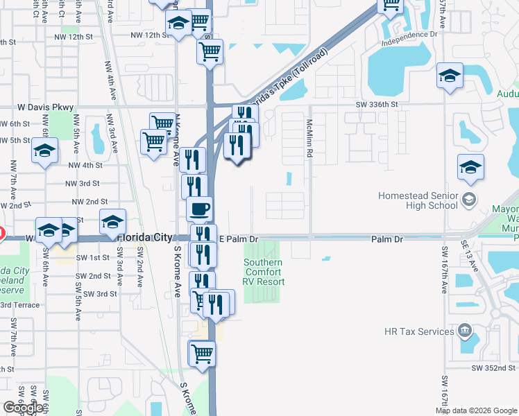 map of restaurants, bars, coffee shops, grocery stores, and more near Northeast 1st Street in Florida City