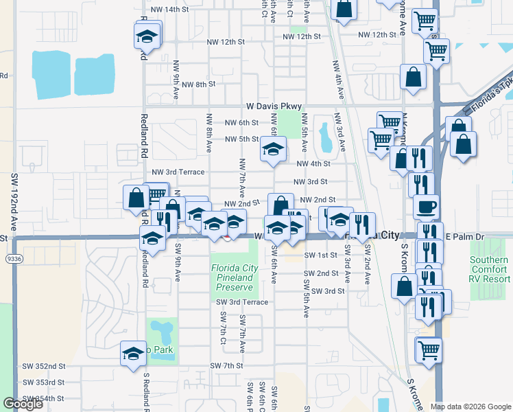 map of restaurants, bars, coffee shops, grocery stores, and more near 690 Northwest 1st Street in Florida City