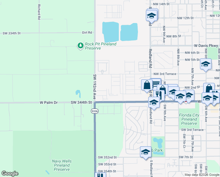 map of restaurants, bars, coffee shops, grocery stores, and more near 1100 West Palm Drive in Florida City