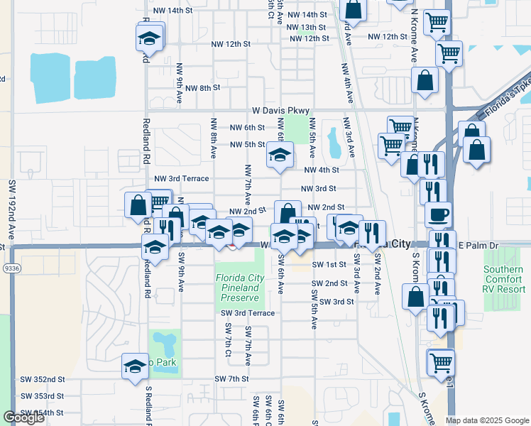 map of restaurants, bars, coffee shops, grocery stores, and more near 690 Northwest 1st Street in Florida City