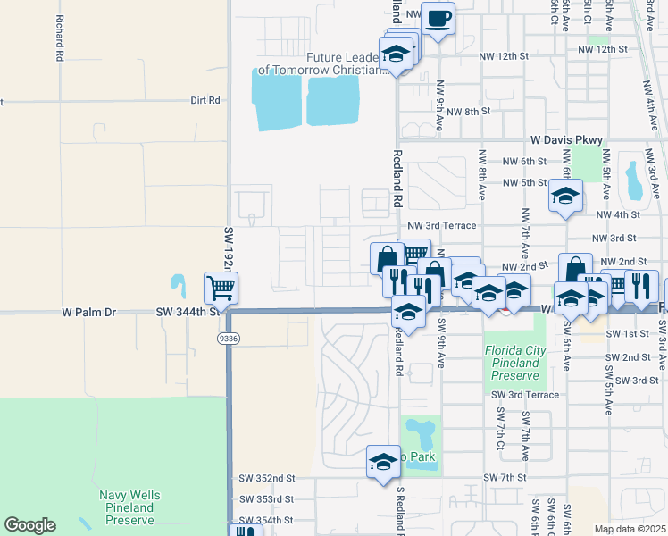 map of restaurants, bars, coffee shops, grocery stores, and more near 1100 West Palm Drive in Homestead