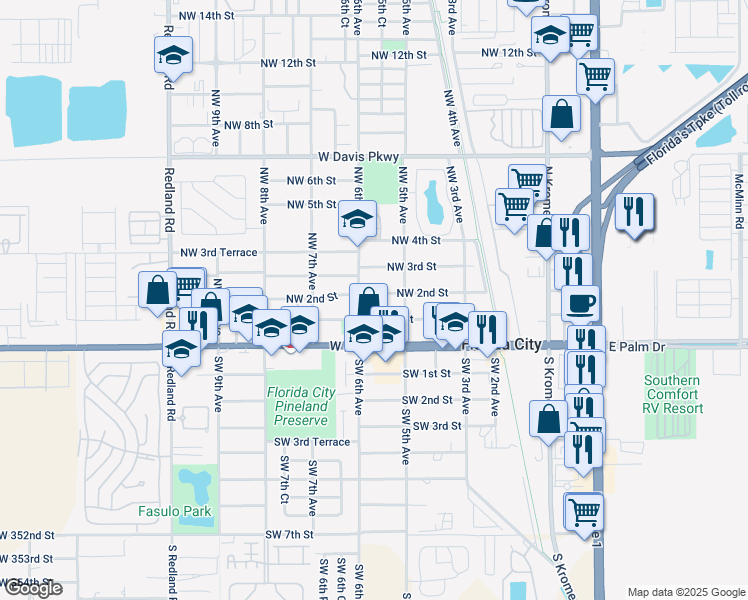 map of restaurants, bars, coffee shops, grocery stores, and more near 528 Northwest 1st Street in Florida City