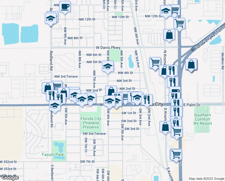 map of restaurants, bars, coffee shops, grocery stores, and more near 528 Northwest 1st Street in Florida City