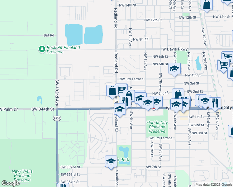 map of restaurants, bars, coffee shops, grocery stores, and more near 139 Redland Road in Homestead