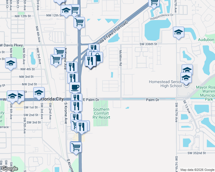 map of restaurants, bars, coffee shops, grocery stores, and more near 380 Northeast 4th Avenue in Florida City