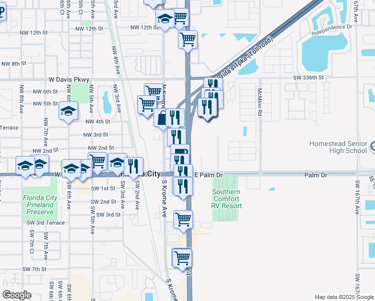 map of restaurants, bars, coffee shops, grocery stores, and more near 124 East Palm Drive in Florida City