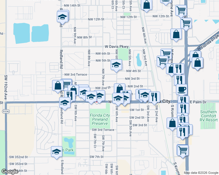 map of restaurants, bars, coffee shops, grocery stores, and more near 690 Northwest 1st Street in Florida City