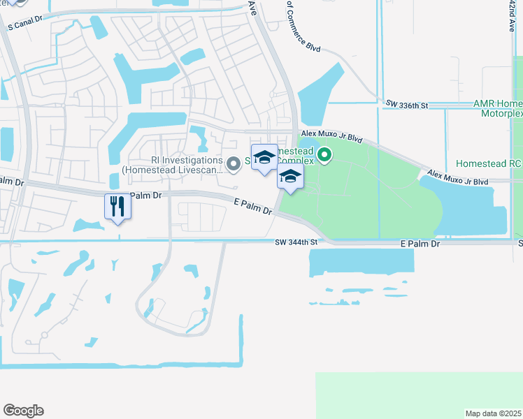 map of restaurants, bars, coffee shops, grocery stores, and more near East Palm Drive in Homestead