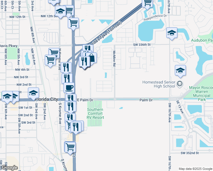 map of restaurants, bars, coffee shops, grocery stores, and more near 106 Northeast 2nd Terrace in Florida City