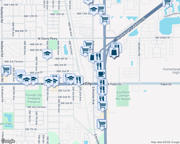 map of restaurants, bars, coffee shops, grocery stores, and more near 101 Northwest 1st Street in Florida City