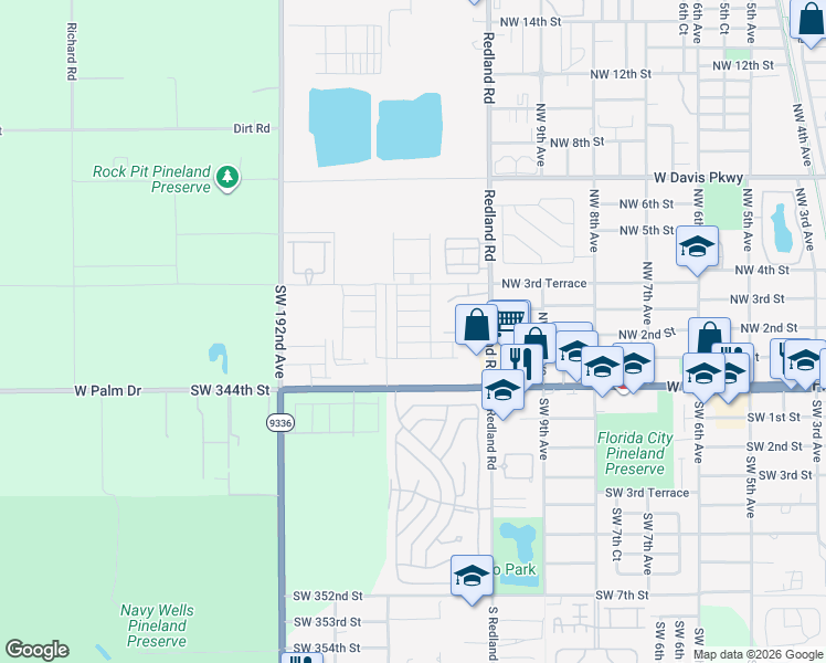 map of restaurants, bars, coffee shops, grocery stores, and more near 1156 Northwest 1st Street in Florida City