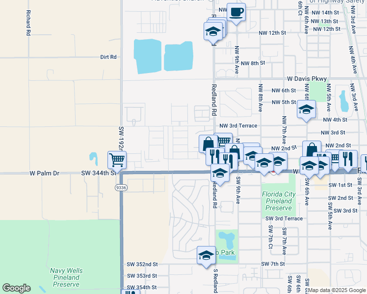 map of restaurants, bars, coffee shops, grocery stores, and more near 1100 West Palm Drive in Homestead