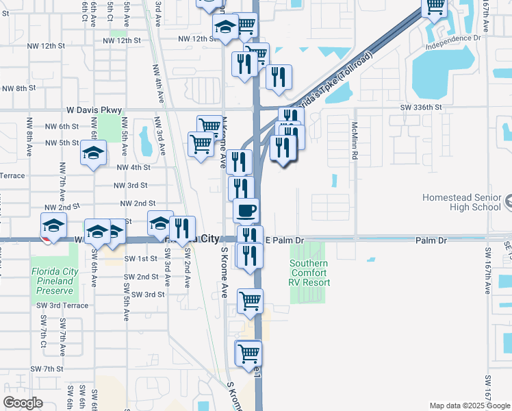 map of restaurants, bars, coffee shops, grocery stores, and more near 77 Northeast 3rd Street in Florida City