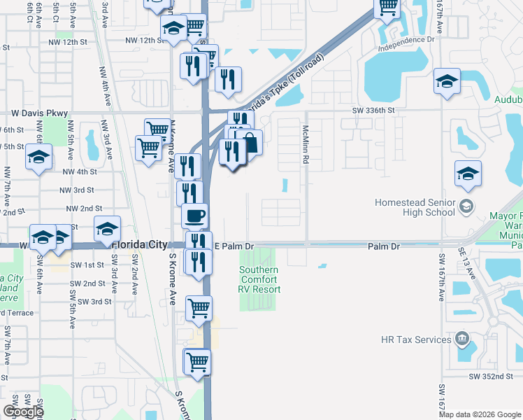 map of restaurants, bars, coffee shops, grocery stores, and more near Northeast 3rd Street in Florida City