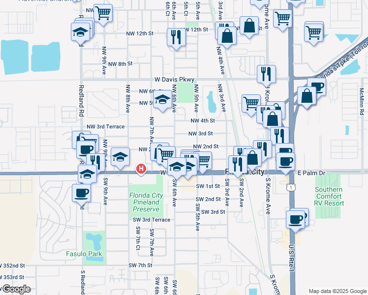 map of restaurants, bars, coffee shops, grocery stores, and more near 535 Northwest 3rd Street in Florida City