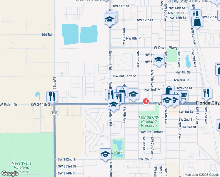map of restaurants, bars, coffee shops, grocery stores, and more near 973 Northwest 3rd Street in Florida City