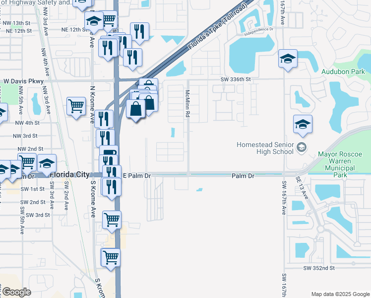 map of restaurants, bars, coffee shops, grocery stores, and more near 104 Northeast 2nd Terrace in Florida City