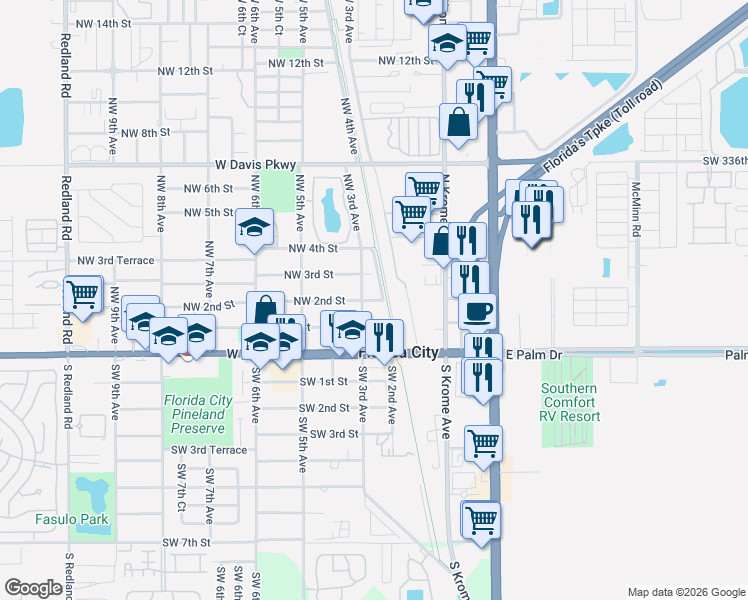 map of restaurants, bars, coffee shops, grocery stores, and more near 301 Northwest 3rd Street in Florida City