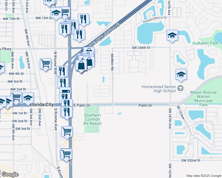 map of restaurants, bars, coffee shops, grocery stores, and more near 104 Northeast 2nd Street in Florida City