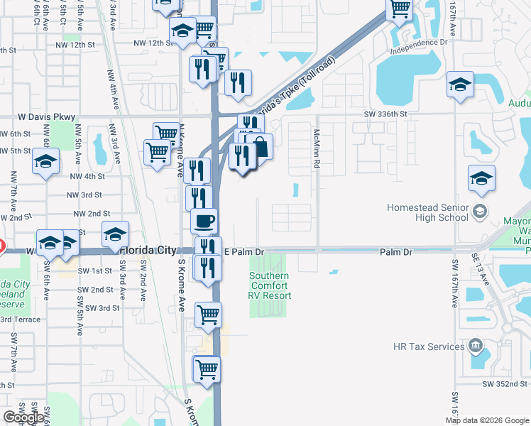 map of restaurants, bars, coffee shops, grocery stores, and more near Northeast 3rd Street in Florida City