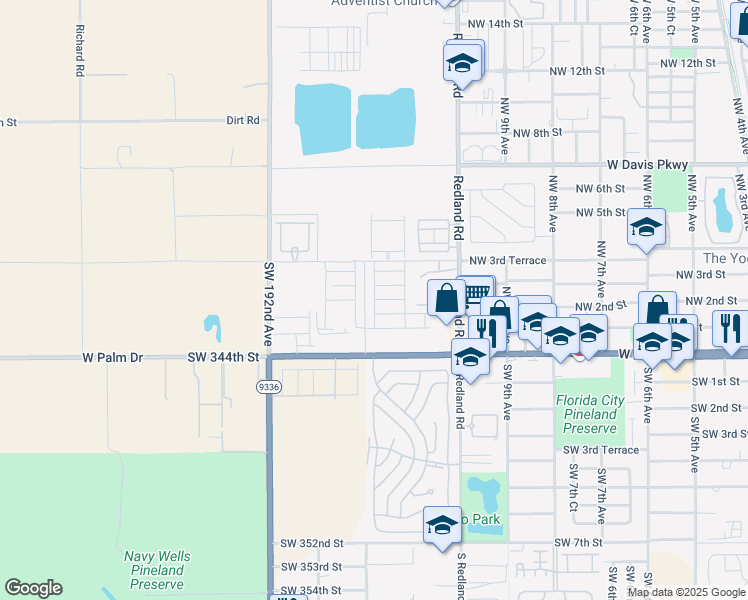map of restaurants, bars, coffee shops, grocery stores, and more near 1100 West Palm Drive in Homestead
