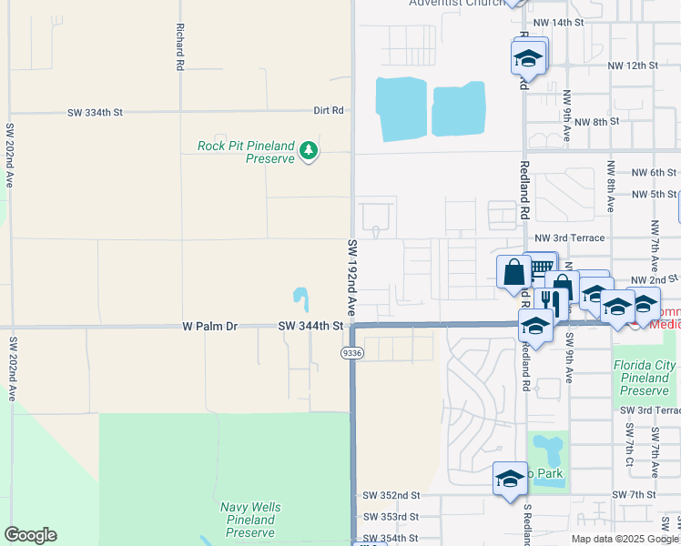 map of restaurants, bars, coffee shops, grocery stores, and more near 34270 Southwest 192nd Avenue in Florida City