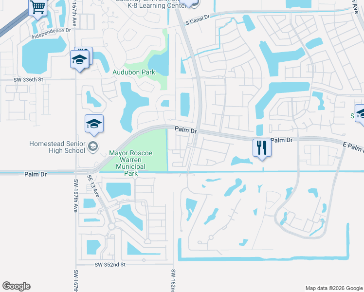 map of restaurants, bars, coffee shops, grocery stores, and more near 2337 Southeast 16th Place in Homestead