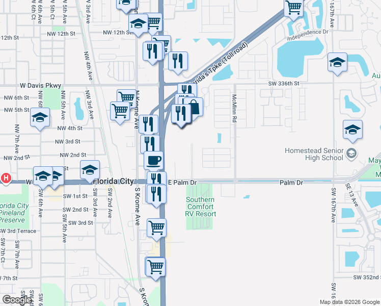 map of restaurants, bars, coffee shops, grocery stores, and more near Northeast 3rd Street in Florida City