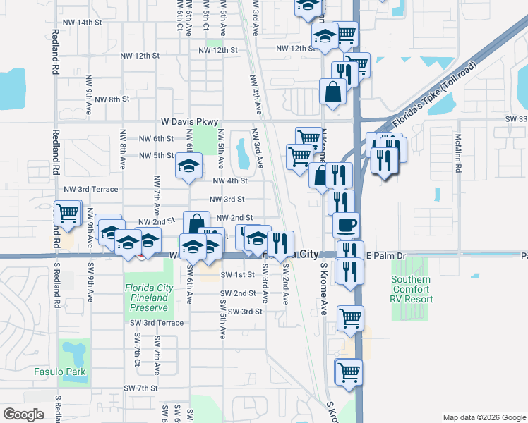 map of restaurants, bars, coffee shops, grocery stores, and more near 301 Northwest 3rd Street in Florida City