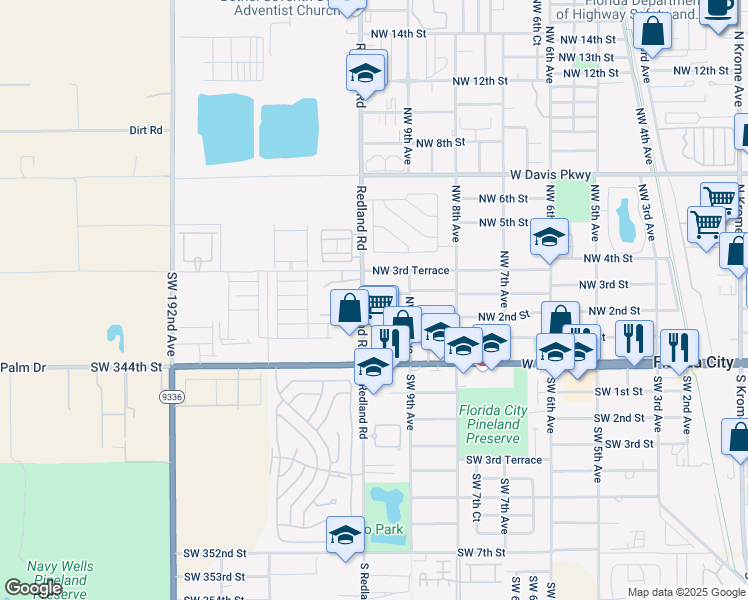 map of restaurants, bars, coffee shops, grocery stores, and more near 973 Northwest 3rd Street in Florida City
