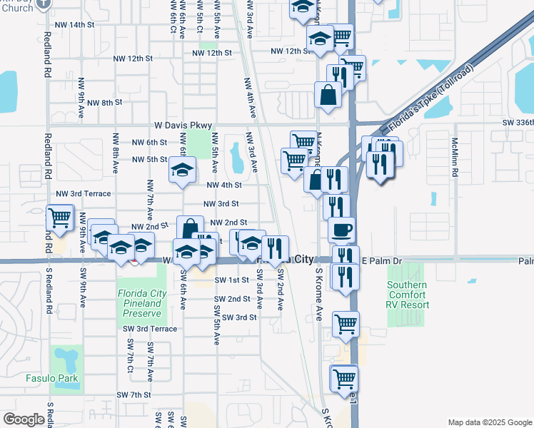 map of restaurants, bars, coffee shops, grocery stores, and more near 301 Northwest 3rd Street in Florida City