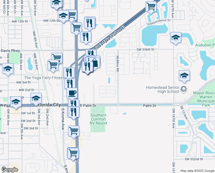 map of restaurants, bars, coffee shops, grocery stores, and more near 441 Northeast 3rd Street in Florida City