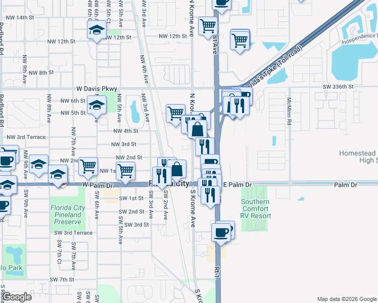 map of restaurants, bars, coffee shops, grocery stores, and more near Northwest 3rd Street in Florida City